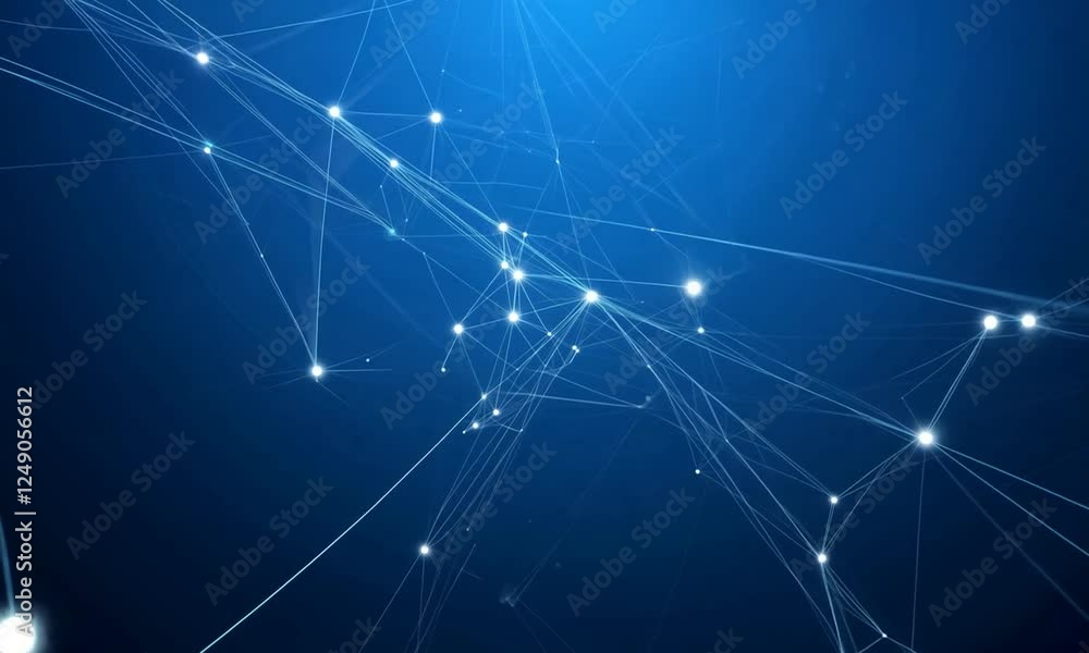Abstract, geometric animation of connected lines and glowing points moving in a dynamic, swirling pattern. The background is a deep blue. Abstract, geometric animation of connected lines and glowing points moving in a dynamic, swirling pattern. The background is a deep blue.
