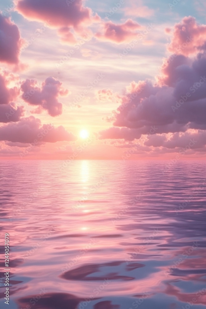 Fototapeta premium Pink and blue sunset over ocean horizon with clouds.