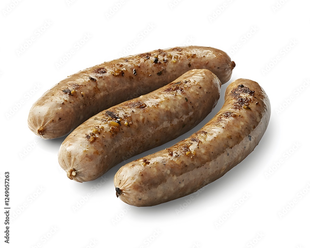 Three grilled sausages are displayed on a white surface Three grilled sausages are displayed on a white surface