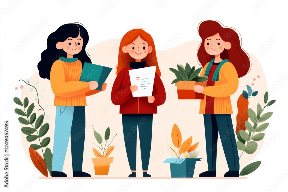 A simple vector illustration of a volunteer giving flyers to people in a public space A simple vector illustration of a volunteer giving flyers to people in a public space
