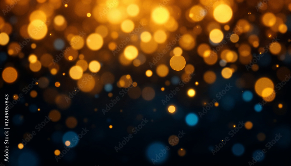 Obraz premium Un fondo oscuro lleno de orbes brillantes dispersos en varios colores, incluidos dorado, naranja y azul, que crean un efecto bokeh