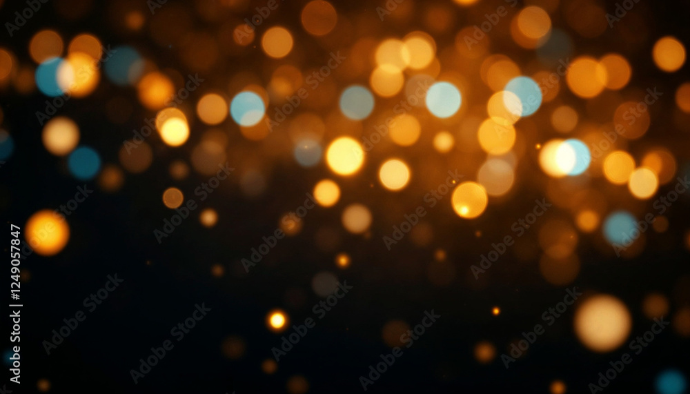 Obraz premium Un fondo oscuro lleno de orbes brillantes dispersos en varios colores, incluidos dorado, naranja y azul, que crean un efecto bokeh