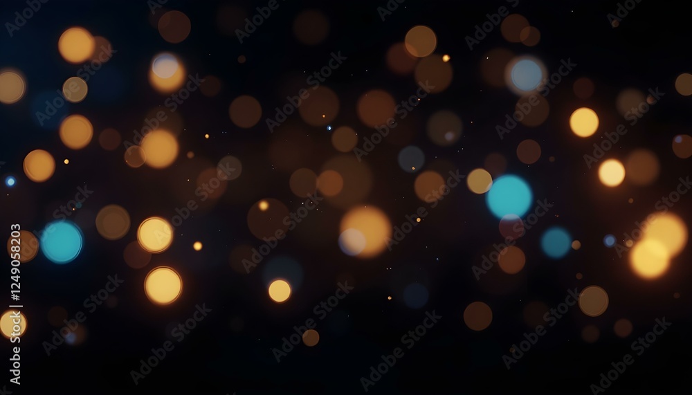Obraz premium Un fondo oscuro lleno de orbes brillantes dispersos en varios colores, incluidos dorado, naranja y azul, que crean un efecto bokeh