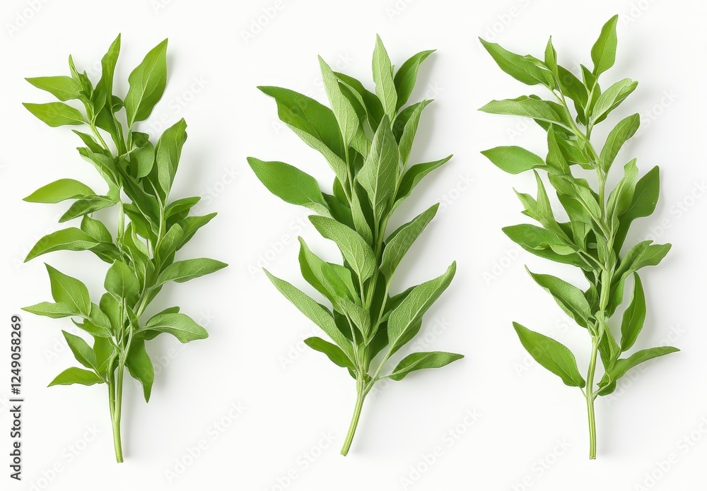 Fototapeta premium Three sprigs of fresh green leaves arranged vertically against a plain white background, showcasing detailed leaves and a soft texture