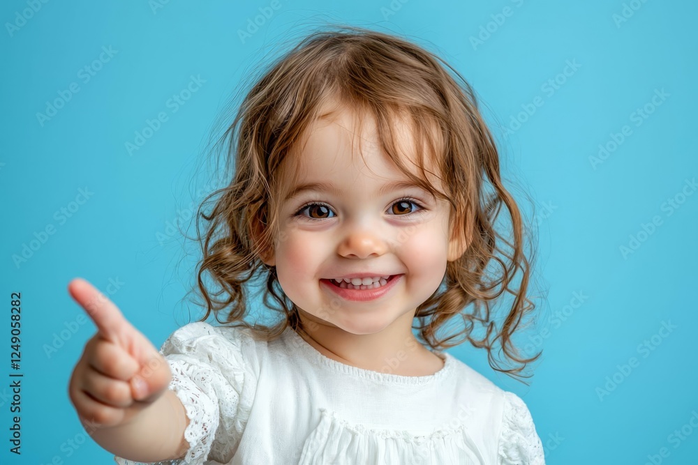 Young attractive happy positive good mood girl smiling pointing finger copyspace on blue color background. Young attractive happy positive good mood girl smiling pointing finger copyspace on blue color background.