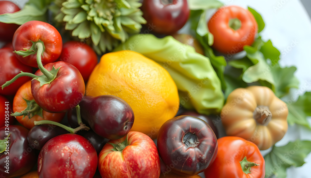 Assorted fresh ripe fruits and vegetables background, simple style. with white shades Assorted fresh ripe fruits and vegetables background, simple style. with white shades
