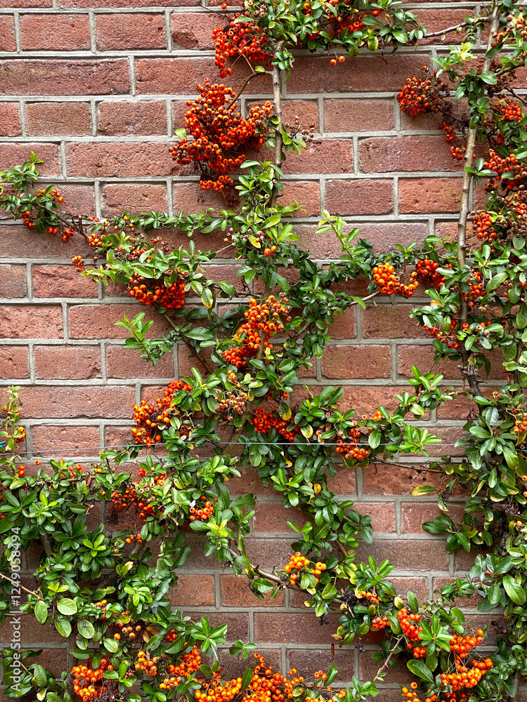 Brick wall with red and orange Pyracantha coccinea