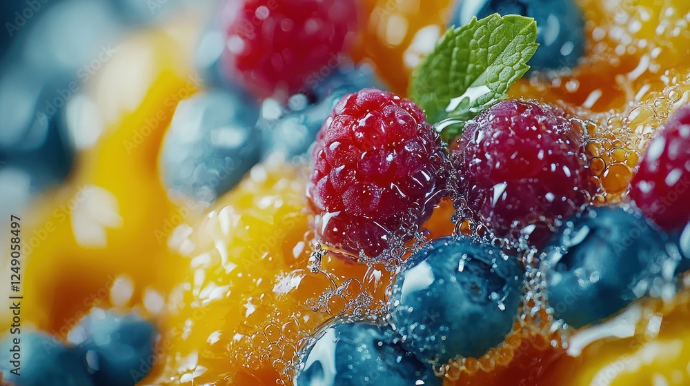 Close-up of colorful fruit dessert with berries and mint Close-up of colorful fruit dessert with berries and mint