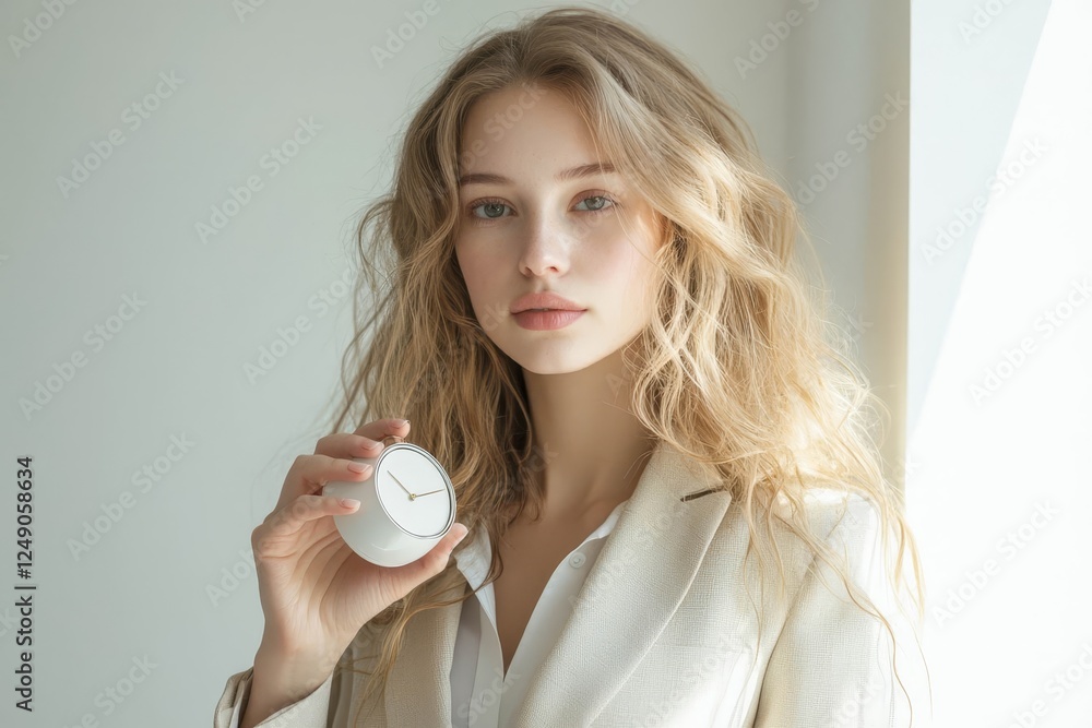 Young businesswoman holding a clock or an alarm in her hand palm. Young businesswoman holding a clock or an alarm in her hand palm.