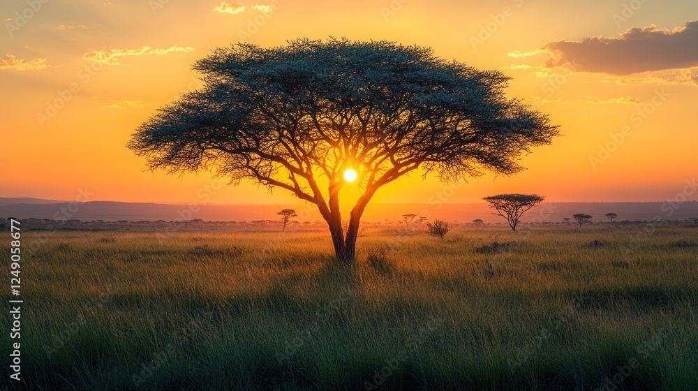 Sunset silhouette of acacia tree in African savanna. Sunset silhouette of acacia tree in African savanna.