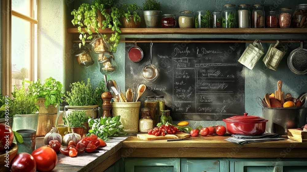 A kitchen with a chalkboard menu, fresh ingredients, and a chef writing recipes A kitchen with a chalkboard menu, fresh ingredients, and a chef writing recipes
