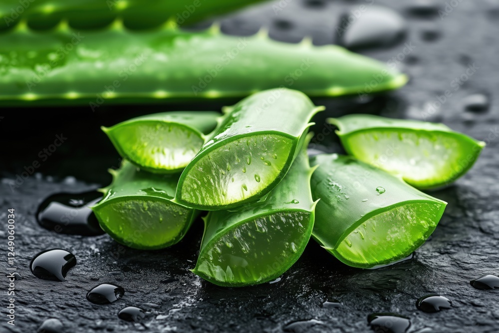 Close-up of fresh aloe vera slices with water droplets on a dark stone surface. Close-up of fresh aloe vera slices with water droplets on a dark stone surface.