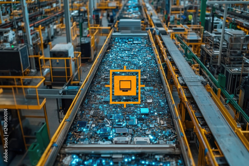 A multitude of unusable electronics is stacked high in a recycling facility. Workers sort through the discarded items, addressing the growing e-waste problem while promoting sustainability. photo