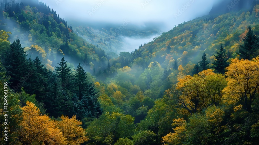 A soft, dense fog shrouds a serene forest, allowing only a faint beam of sunlight to sneak through the trees A soft, dense fog shrouds a serene forest, allowing only a faint beam of sunlight to sneak through the trees