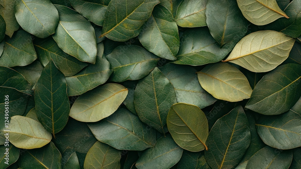 Fototapeta premium Green leaves background texture, overhead shot, nature backdrop, design element