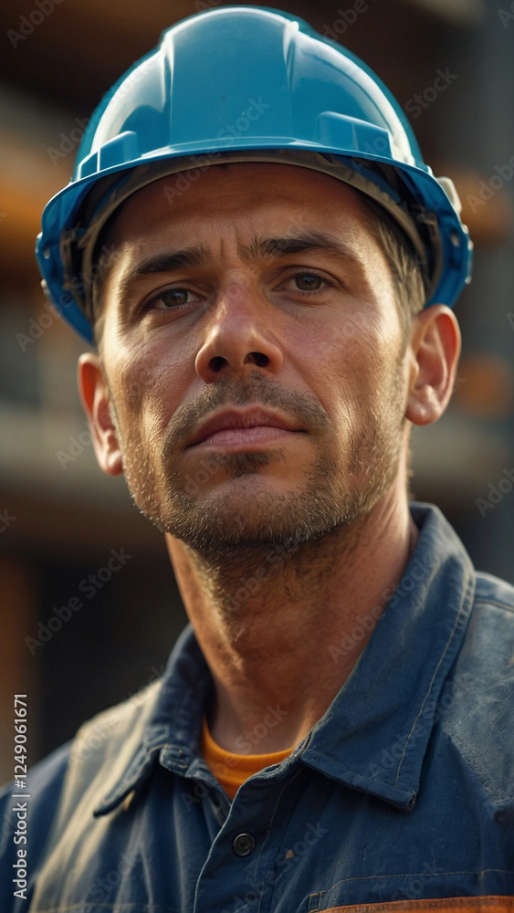 Fototapeta premium Closeup portrait of construction worker wearing blue construction hat 