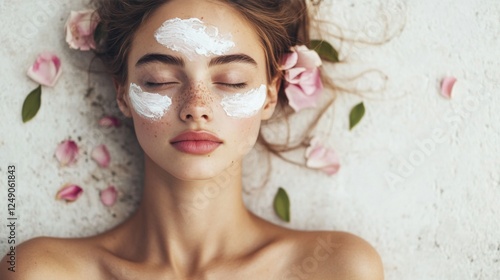Woman relaxing, face mask, rose petals, spa treatment, beauty