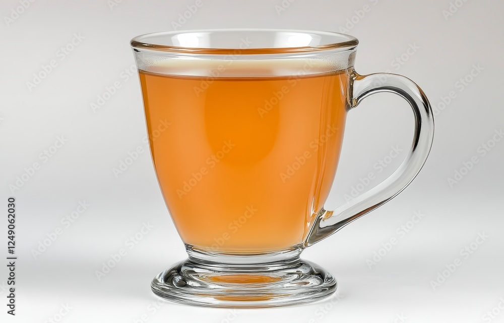 A warm amber colored beverage in a clear glass mug with a handle A warm amber colored beverage in a clear glass mug with a handle