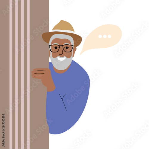 Modern old senior man. Happy elderly curious person looking from behind door. Trendy aged retired character. Old man peeping, watching and spying on someone. Vector illustration. 