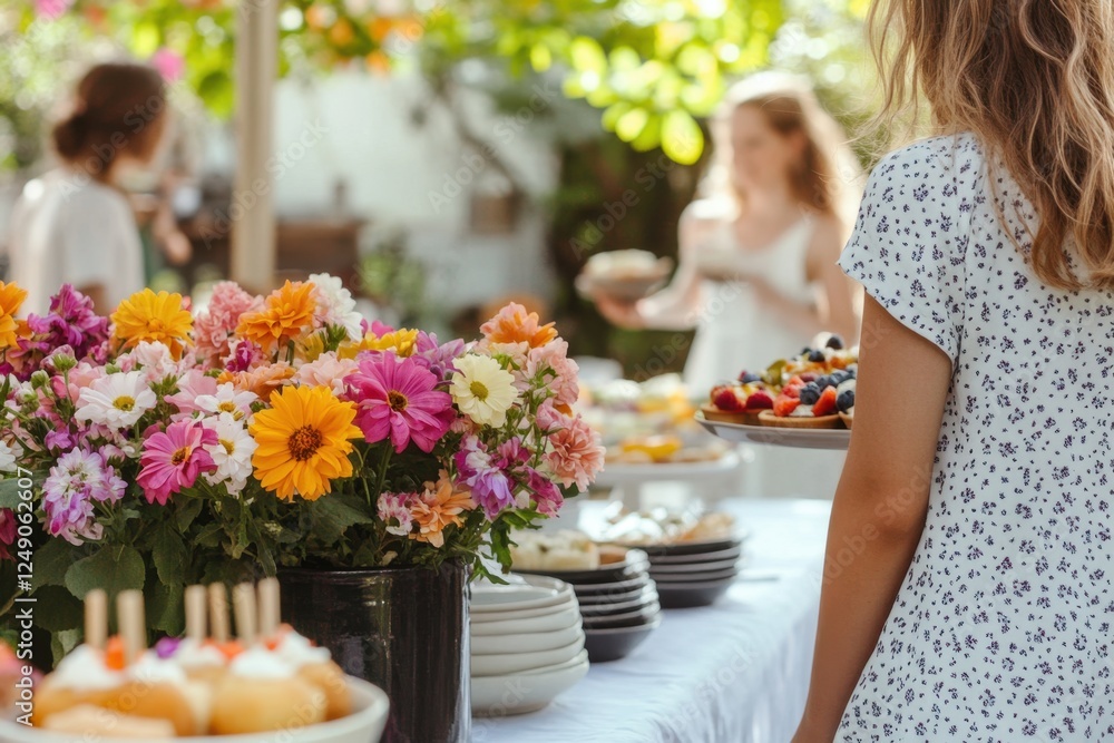 Family gathers for a joyful brunch filled with delicious food and flowers. mother's day