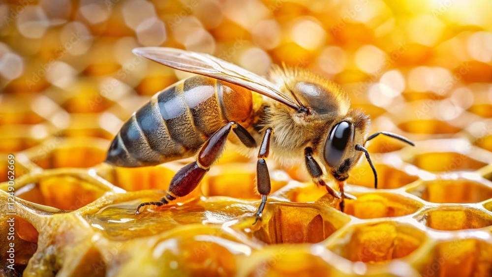 Honey Bee on Honeycomb, Close-up, Golden Honey, Nature, Beekeeping Honey Bee on Honeycomb, Close-up, Golden Honey, Nature, Beekeeping