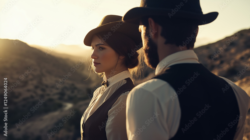 Man and woman in vintage regency style wardrobe and hat in arid landscape. Golden hour lighting.