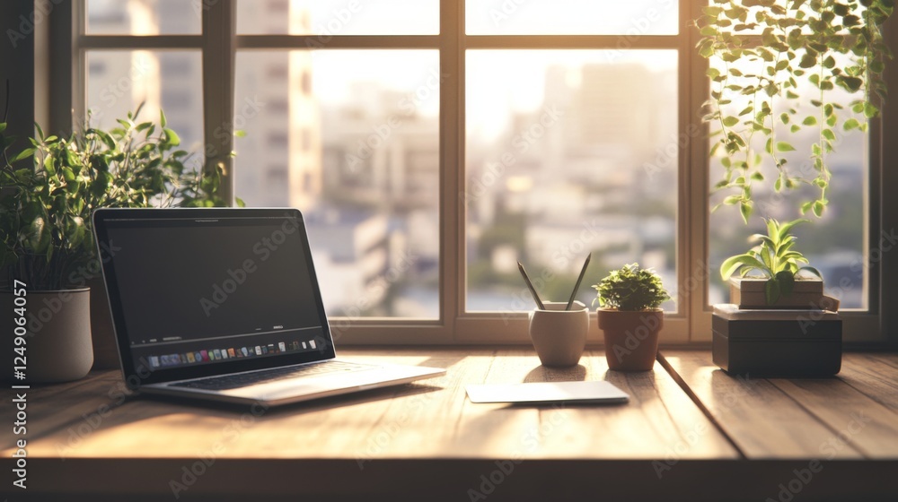 Fototapeta premium Laptop, plants, sunrise city view workspace