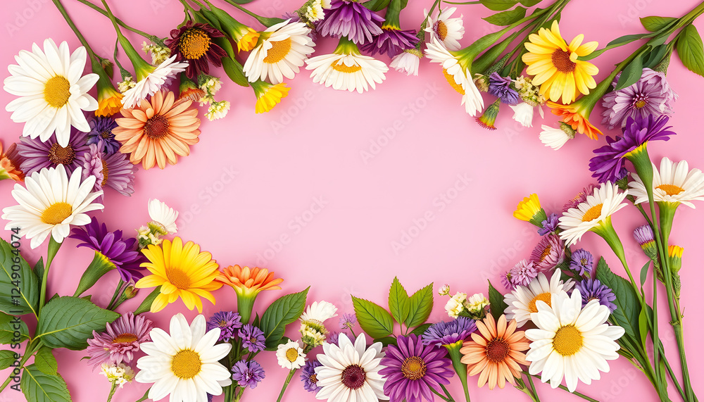 Fototapeta premium Frame made of beautiful flowers on pink background, flat lay with space for text. Floral composition, vibrant. with white shades