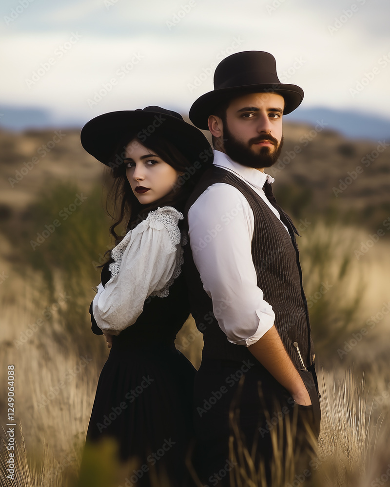 Man and woman in vintage regency style wardrobe and hat in arid landscape. Golden hour lighting.