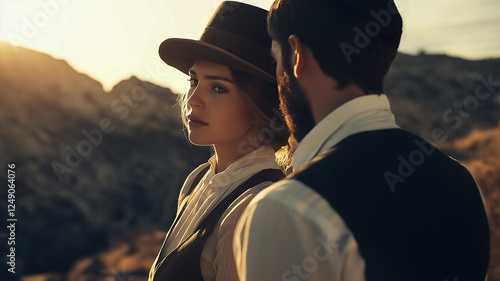 Man and woman in vintage regency style wardrobe and hat in arid landscape. Golden hour lighting.