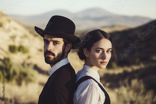 Obraz na płótnie Man and woman in vintage regency style wardrobe and hat in arid landscape. Golden hour lighting. w salonie