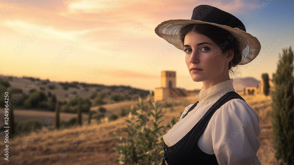 Brunette woman in vintage victorian wardrobe in arid landscape. Wearing white shirt with black dress and black hat. Sunset lighting.