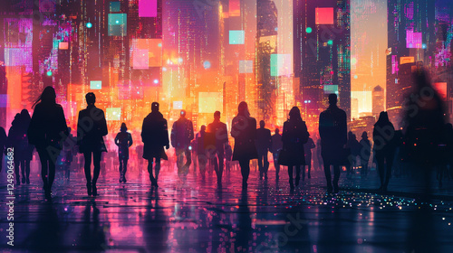 Silhouettes of people walking in vibrant cityscape at night
