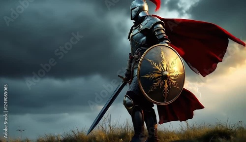 Brave Knight Standing Strong Dramatic Stormy Sunset