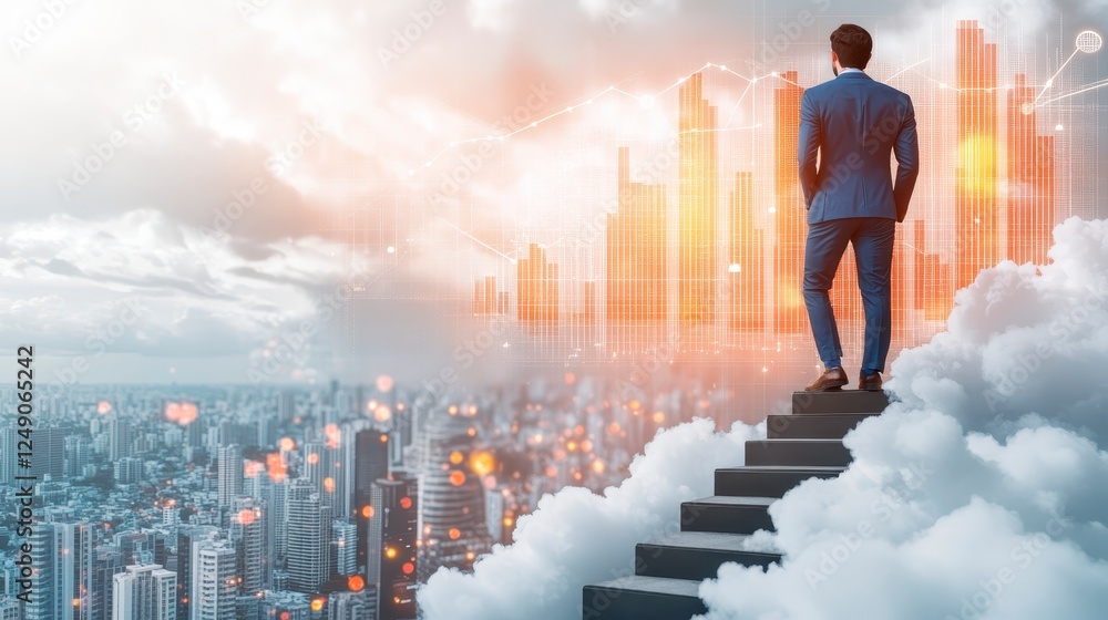 Businessman stands on floating stairs over a city, looking at a digital graphic cityscape, against a cloudy sky, featuring digital data Businessman stands on floating stairs over a city, looking at a digital graphic cityscape, against a cloudy sky, featuring digital data