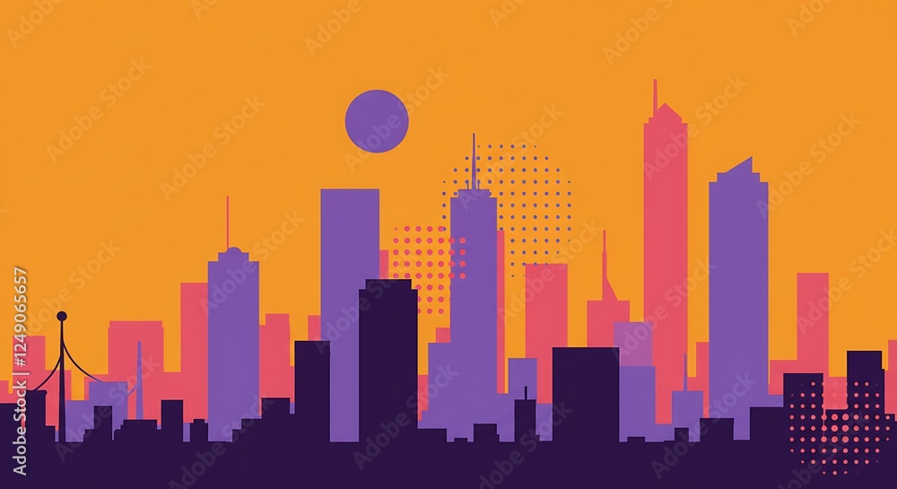 Obraz premium Colorful abstract city illustration with people silhouettes and geometric shapes.