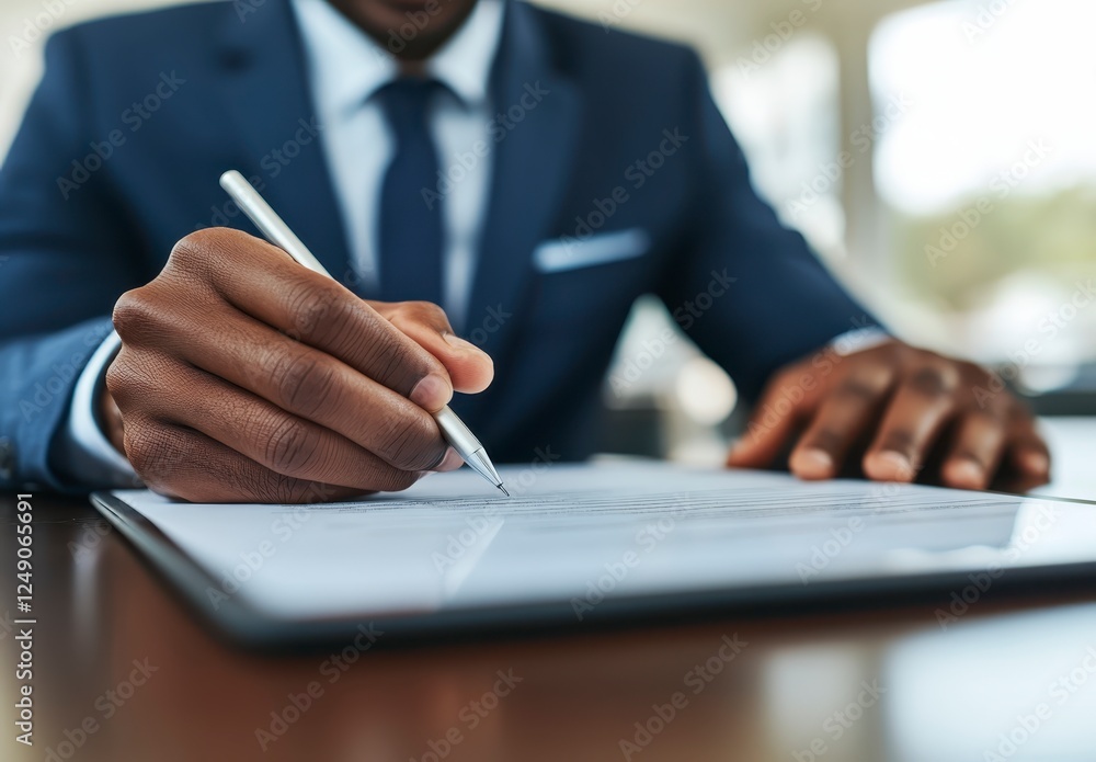 Closeup view of a person's hands in a suit, meticulously working on a tablet, likely a business meeting or presentation. The hands are detailed Closeup view of a person's hands in a suit, meticulously working on a tablet, likely a business meeting or presentation. The hands are detailed