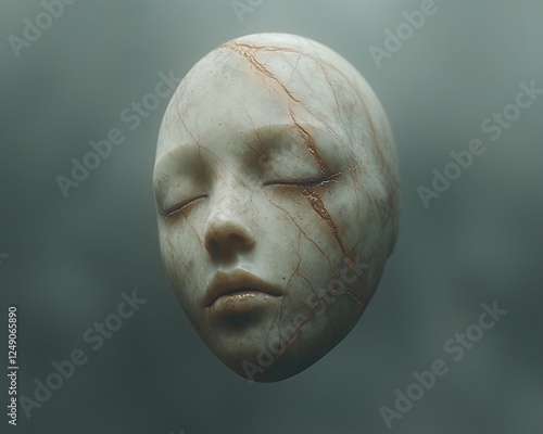 Floating marble face, serene expression, ethereal background, surreal art, digital illustration photo