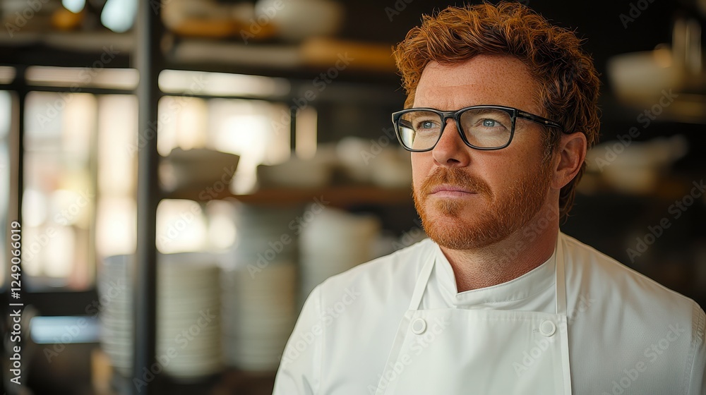 Obraz premium A focused cook in a white chef's coat, looking thoughtfully, in a restaurant kitchen