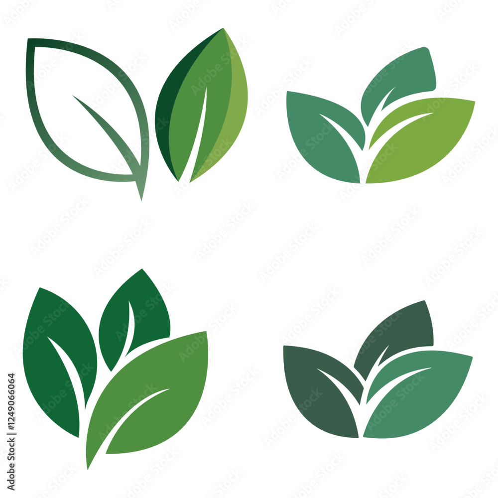 A set of four green leaf icons, perfect for eco-friendly branding, nature logos, and organic product packaging. A set of four green leaf icons, perfect for eco-friendly branding, nature logos, and organic product packaging.