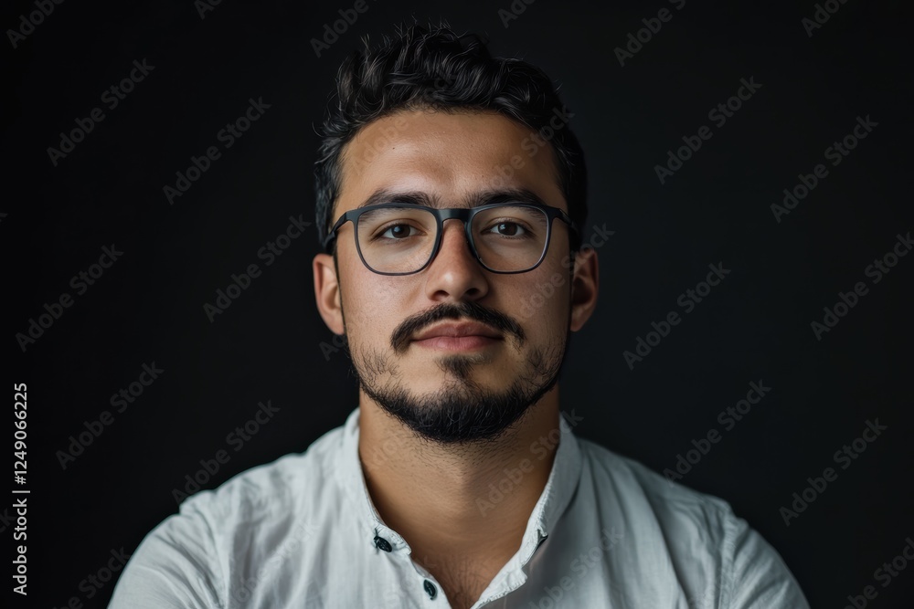 Fototapeta premium Young man with glasses poses confidently in a dark studio setting for a portrait layout
