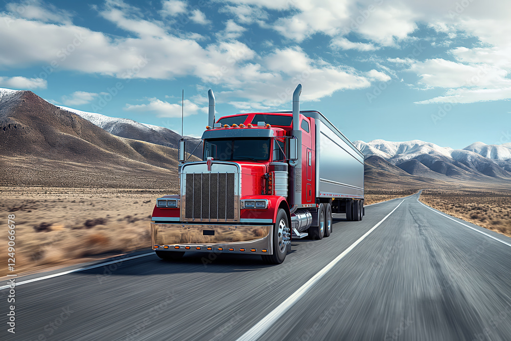 A modern American semi-truck moves at high speed on a highway, captured in a realistic and detailed scenic view with dynamic motion. A modern American semi-truck moves at high speed on a highway, captured in a realistic and detailed scenic view with dynamic motion.