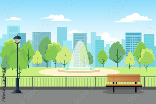 Fountain in a city park. Beautiful city park with a fountain, bench, lantern, green lawn, lantern and trees. City fountain in the park among the buildings and offices of the metropolis.