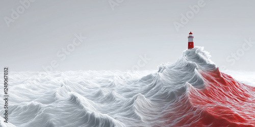 A hyper-realistic landscape photography of a red lighthouse covered by big crashing waves. photo