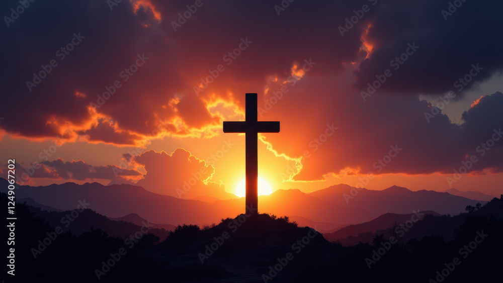 Sun setting behind a cross with mountains in the background, creating a serene Christian landscape. Sun setting behind a cross with mountains in the background, creating a serene Christian landscape.