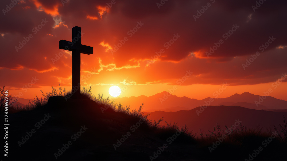 Sun setting behind a cross with mountains as a backdrop. Sun setting behind a cross with mountains as a backdrop.