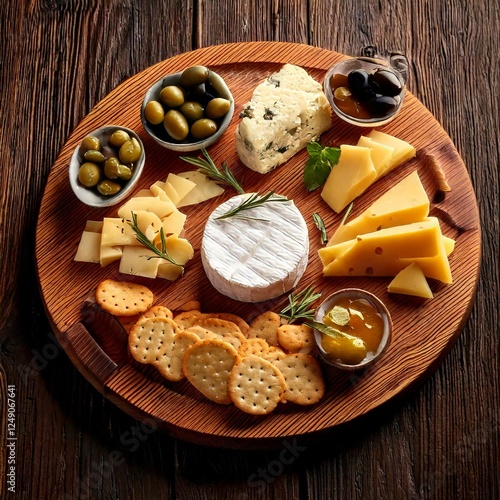 wooden board with cheese and crackers  photo