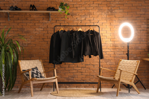 Armchairs, lamp and rack wi...