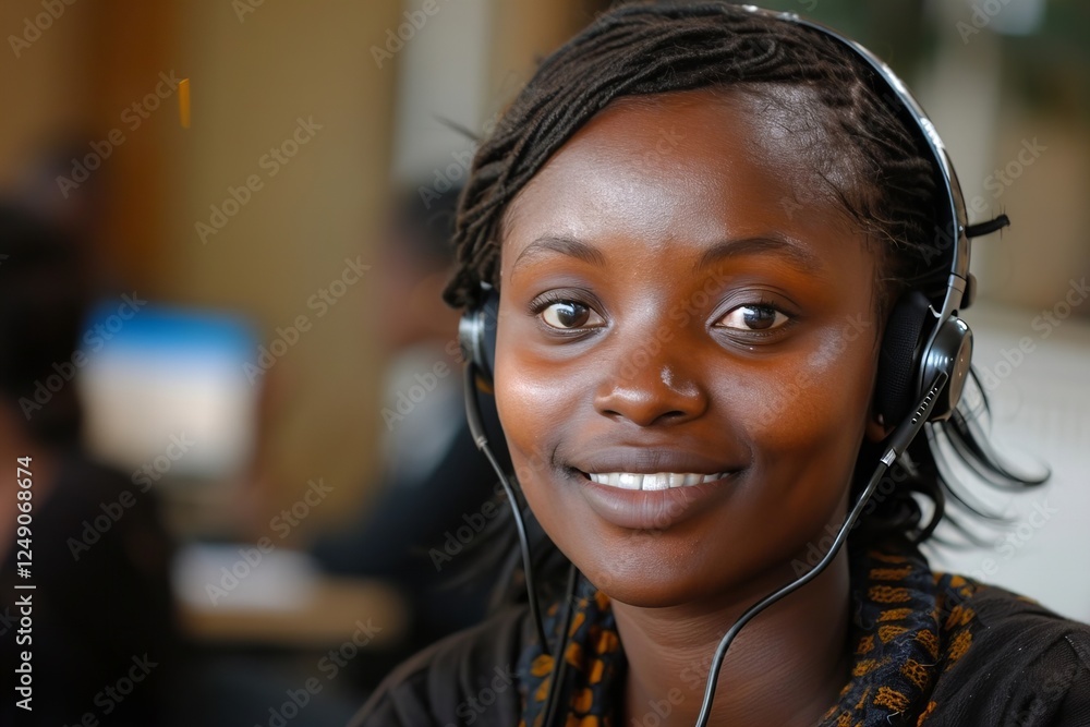Close-up of a cheerful African call center agent in VOIP headset, eager to help customers with a warm smile. Close-up of a cheerful African call center agent in VOIP headset, eager to help customers with a warm smile.