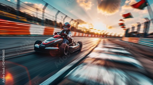 Adventurous go kart racing takes place at a lively outdoor track during sunset, featuring colorful flags and a dynamic atmosphere with enthusiastic spectators.